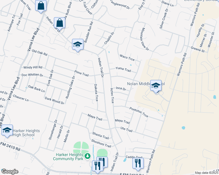 map of restaurants, bars, coffee shops, grocery stores, and more near 1613 Indian Trail in Harker Heights