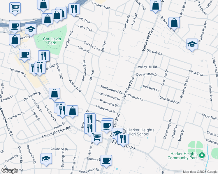 map of restaurants, bars, coffee shops, grocery stores, and more near 706 Pioneer Trail in Harker Heights