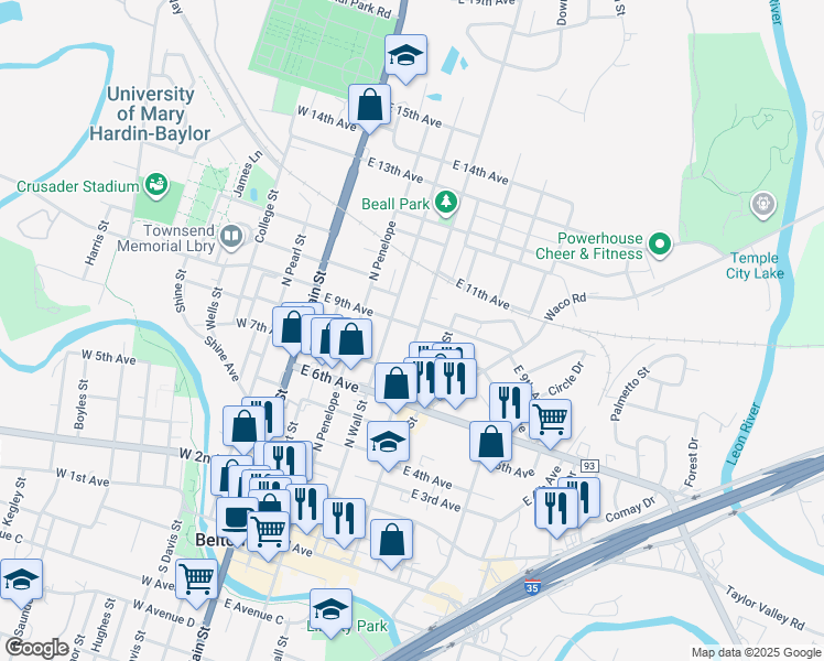 map of restaurants, bars, coffee shops, grocery stores, and more near 804 North Beal Street in Belton