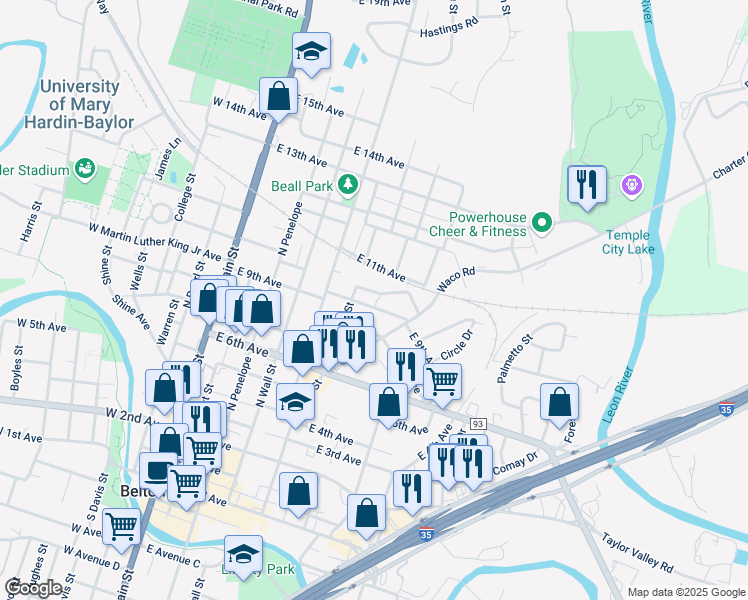 map of restaurants, bars, coffee shops, grocery stores, and more near 702 East 10th Avenue in Belton