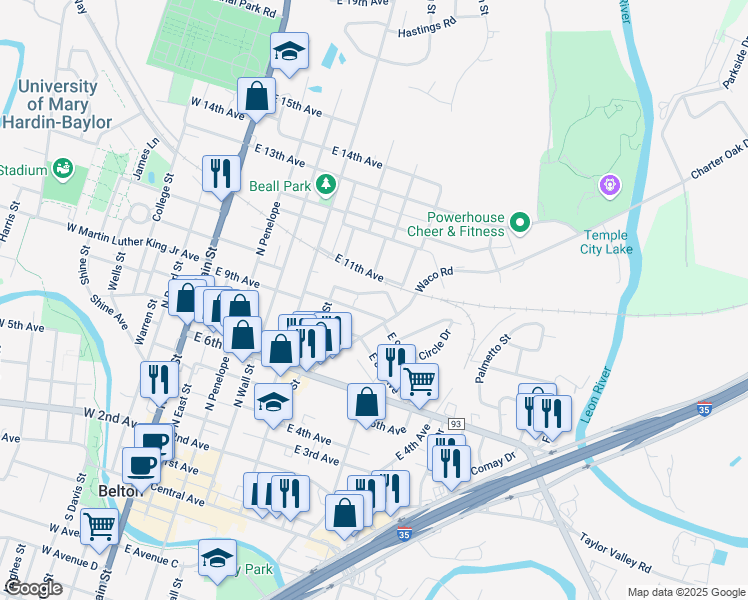 map of restaurants, bars, coffee shops, grocery stores, and more near 700 East 10th Avenue in Belton