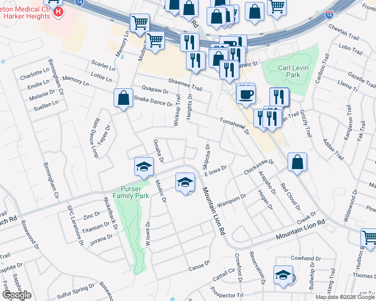 map of restaurants, bars, coffee shops, grocery stores, and more near 2420 Catawba Loop in Harker Heights