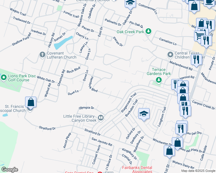 map of restaurants, bars, coffee shops, grocery stores, and more near 4307 High Bluff Circle in Temple