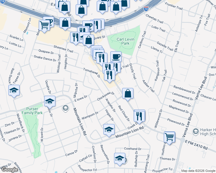 map of restaurants, bars, coffee shops, grocery stores, and more near 526 Farm to Market 2410 in Harker Heights