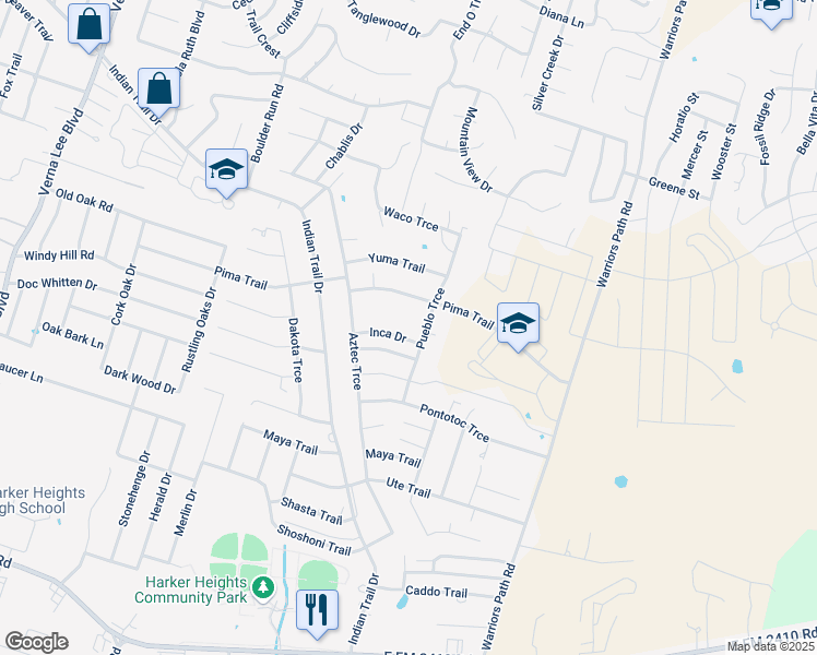 map of restaurants, bars, coffee shops, grocery stores, and more near 1615 Inca Drive in Harker Heights