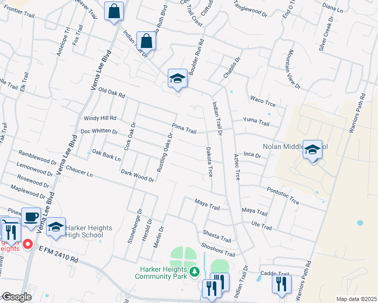 map of restaurants, bars, coffee shops, grocery stores, and more near 1412 Natchez Trail in Harker Heights