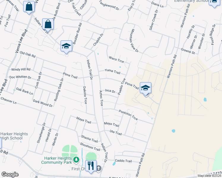 map of restaurants, bars, coffee shops, grocery stores, and more near 1611 Inca Drive in Harker Heights