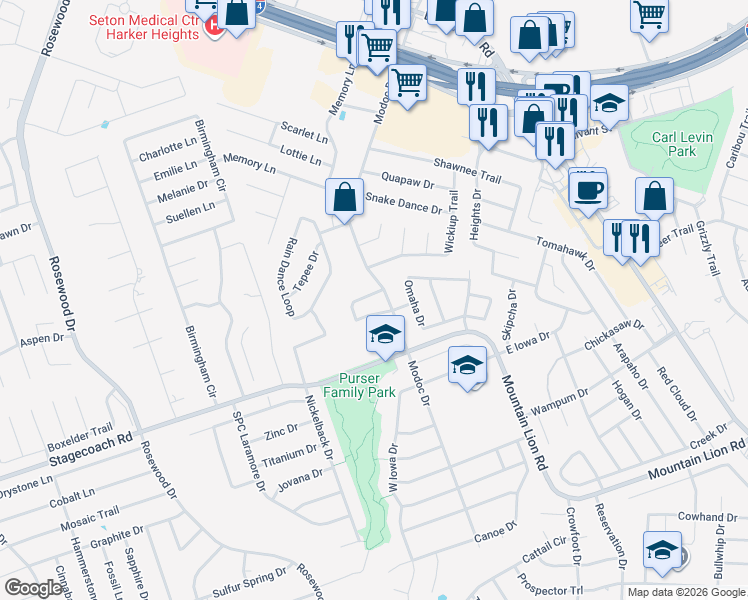map of restaurants, bars, coffee shops, grocery stores, and more near 2149 Modoc Drive in Harker Heights