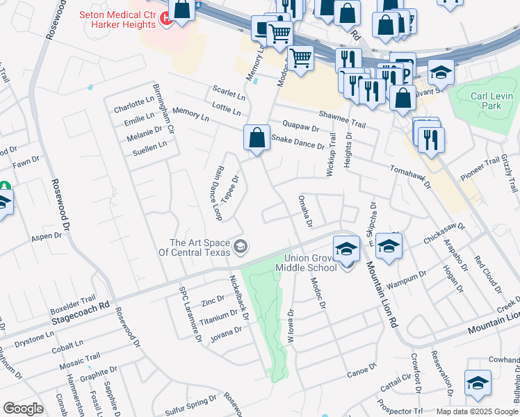 map of restaurants, bars, coffee shops, grocery stores, and more near 111 Harvest Loop in Harker Heights