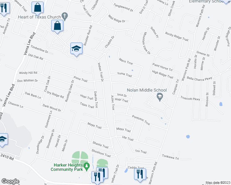map of restaurants, bars, coffee shops, grocery stores, and more near 1603 Inca Drive in Harker Heights