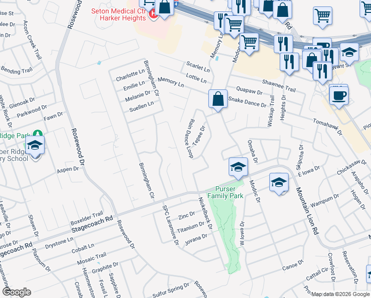 map of restaurants, bars, coffee shops, grocery stores, and more near 3015 Rain Dance Loop in Harker Heights