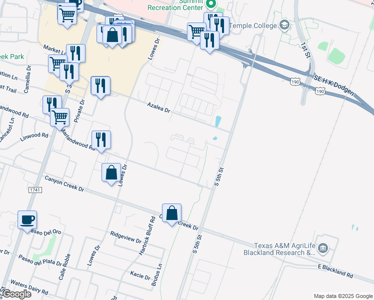 map of restaurants, bars, coffee shops, grocery stores, and more near 820 Ferrara Circle in Temple