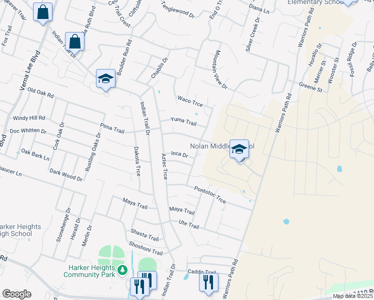 map of restaurants, bars, coffee shops, grocery stores, and more near 1615 Inca Drive in Harker Heights