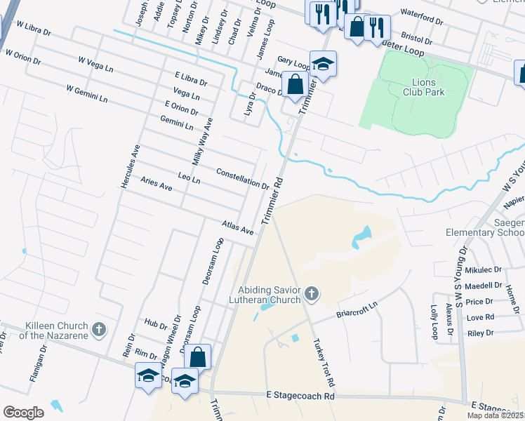 map of restaurants, bars, coffee shops, grocery stores, and more near 5706 Luminous Lane in Killeen
