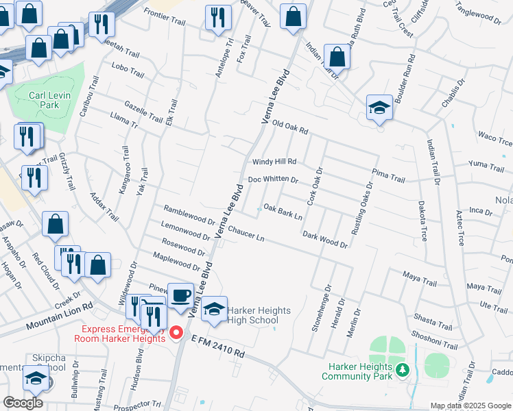 map of restaurants, bars, coffee shops, grocery stores, and more near 1003 Doc Whitten Drive in Harker Heights