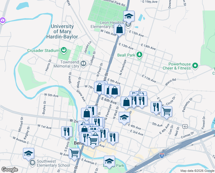 map of restaurants, bars, coffee shops, grocery stores, and more near 113 East 8th Avenue in Belton