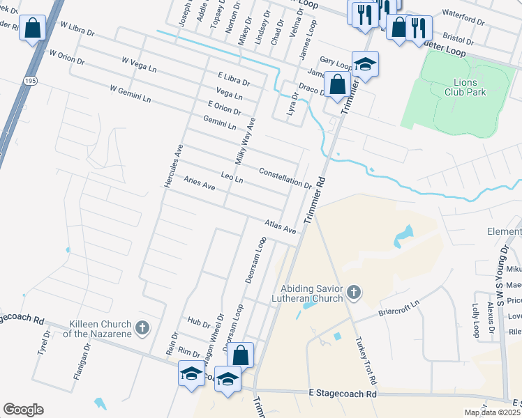 map of restaurants, bars, coffee shops, grocery stores, and more near 700 Aries Avenue in Killeen