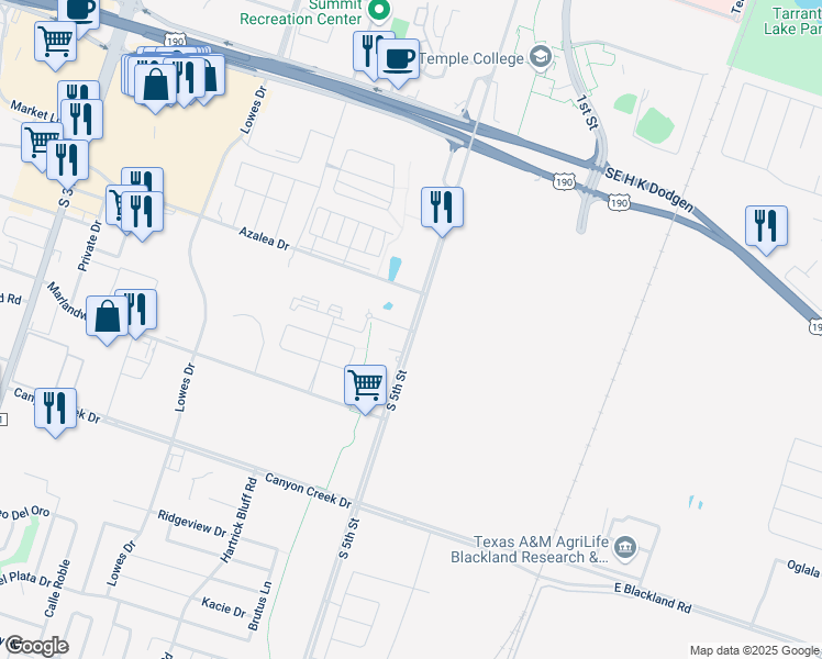 map of restaurants, bars, coffee shops, grocery stores, and more near 3610 South 5th Street in Temple
