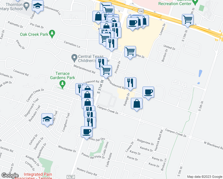 map of restaurants, bars, coffee shops, grocery stores, and more near 1511 Marlandwood Road in Temple