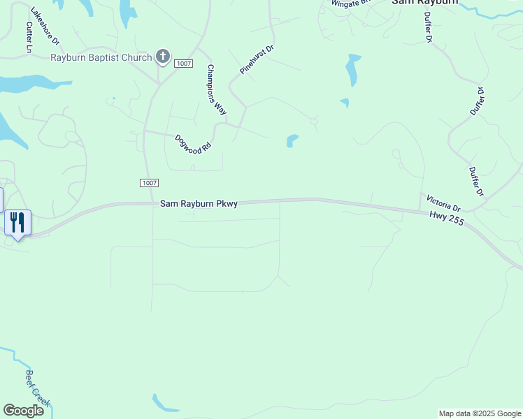 map of restaurants, bars, coffee shops, grocery stores, and more near 3015 Sam Rayburn Parkway in Brookeland