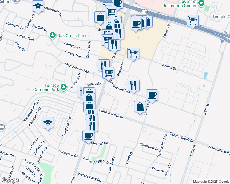 map of restaurants, bars, coffee shops, grocery stores, and more near 1511 Marlandwood Road in Temple
