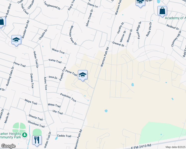 map of restaurants, bars, coffee shops, grocery stores, and more near 1600 Warriors Path Road in Harker Heights