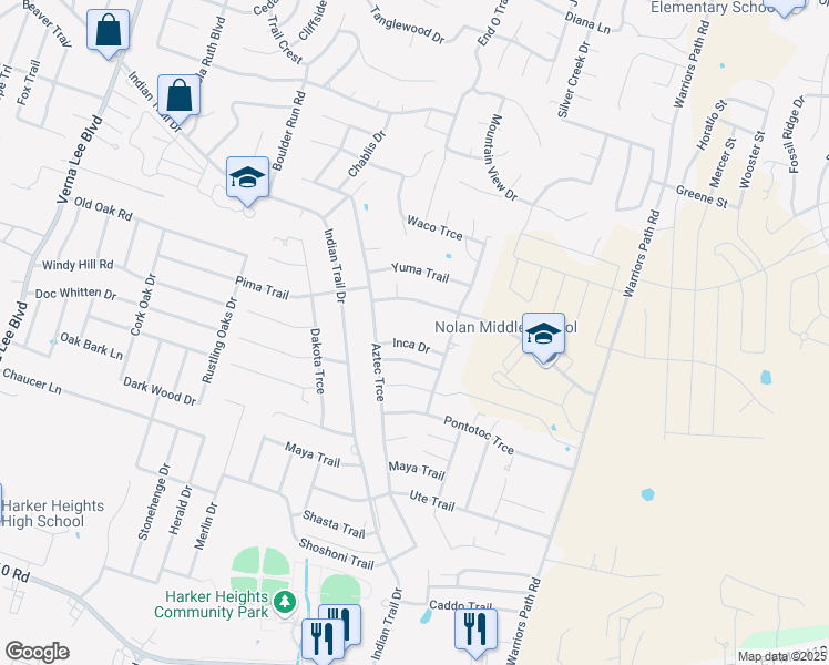 map of restaurants, bars, coffee shops, grocery stores, and more near 1615 Inca Drive in Harker Heights