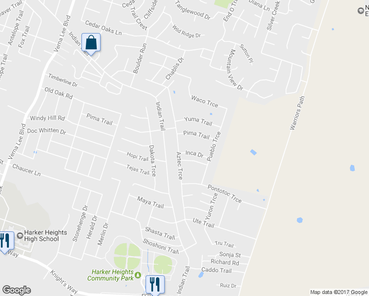 map of restaurants, bars, coffee shops, grocery stores, and more near 1605 Inca Drive in Harker Heights