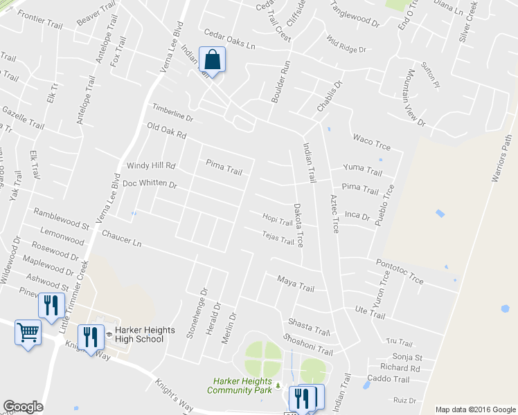 map of restaurants, bars, coffee shops, grocery stores, and more near 1412 Natchez Trail in Harker Heights