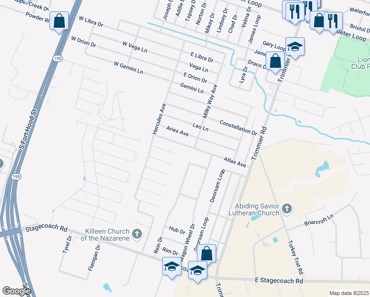 map of restaurants, bars, coffee shops, grocery stores, and more near 502 Atlas Avenue in Killeen