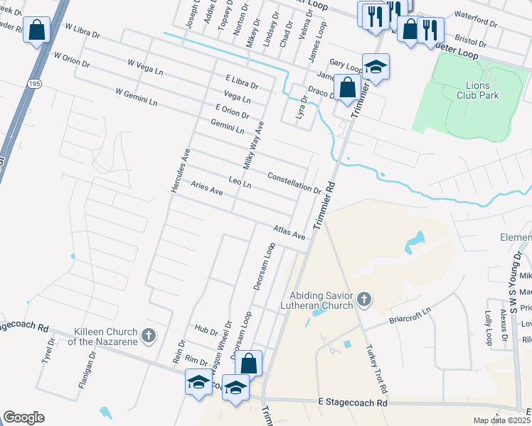 map of restaurants, bars, coffee shops, grocery stores, and more near 700 Aries Avenue in Killeen