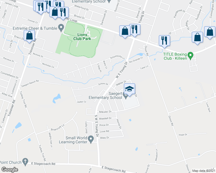map of restaurants, bars, coffee shops, grocery stores, and more near 2106 Schorn Drive in Killeen