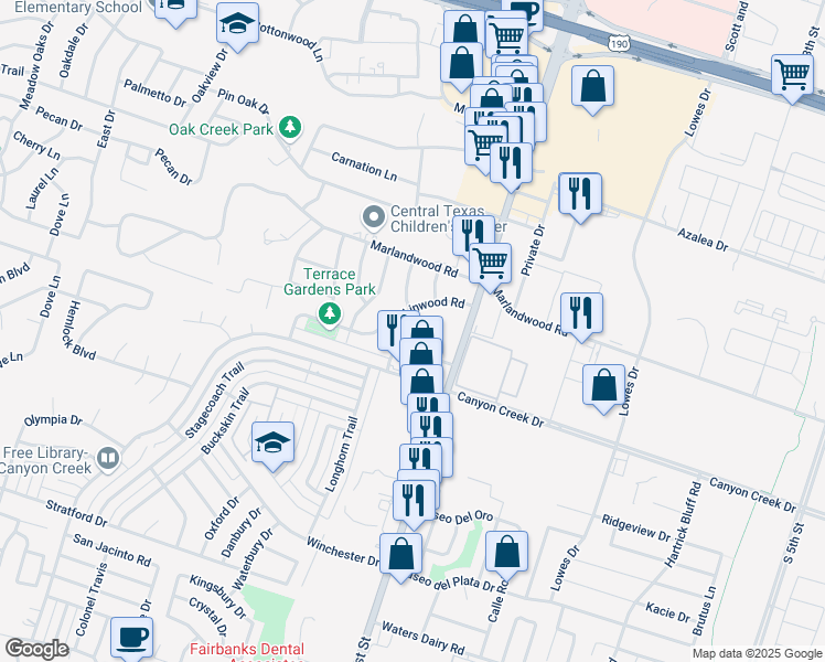 map of restaurants, bars, coffee shops, grocery stores, and more near 3922 Mariam Road in Temple
