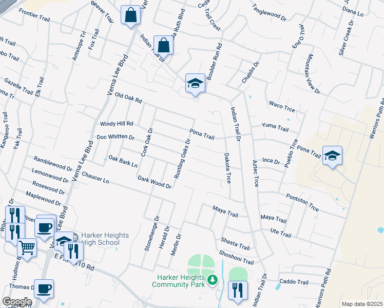 map of restaurants, bars, coffee shops, grocery stores, and more near 2017 Rustling Oaks Drive in Harker Heights