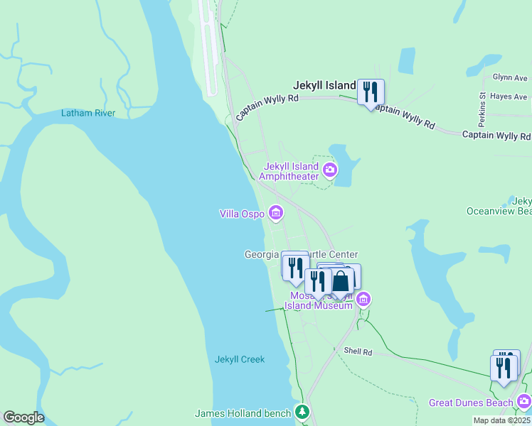 map of restaurants, bars, coffee shops, grocery stores, and more near Riverview Drive in Glynn County