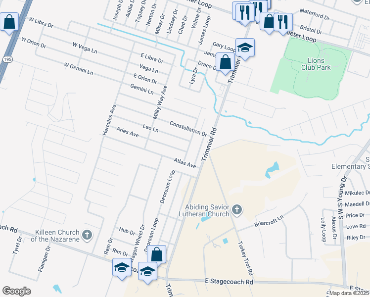 map of restaurants, bars, coffee shops, grocery stores, and more near 711 Aries Avenue in Killeen