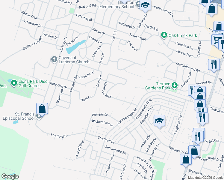 map of restaurants, bars, coffee shops, grocery stores, and more near 2805 Creek Side Drive in Temple
