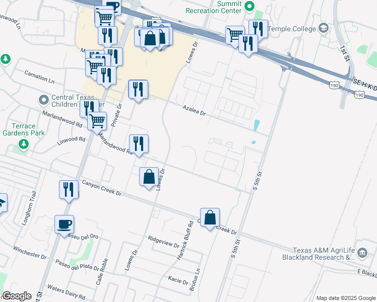 map of restaurants, bars, coffee shops, grocery stores, and more near 990 Marlandwood Road in Temple