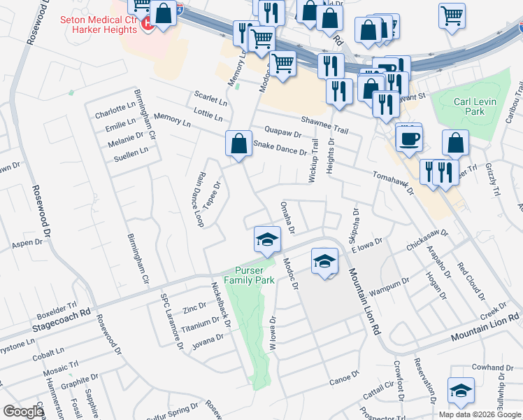 map of restaurants, bars, coffee shops, grocery stores, and more near 2149 Modoc Drive in Harker Heights