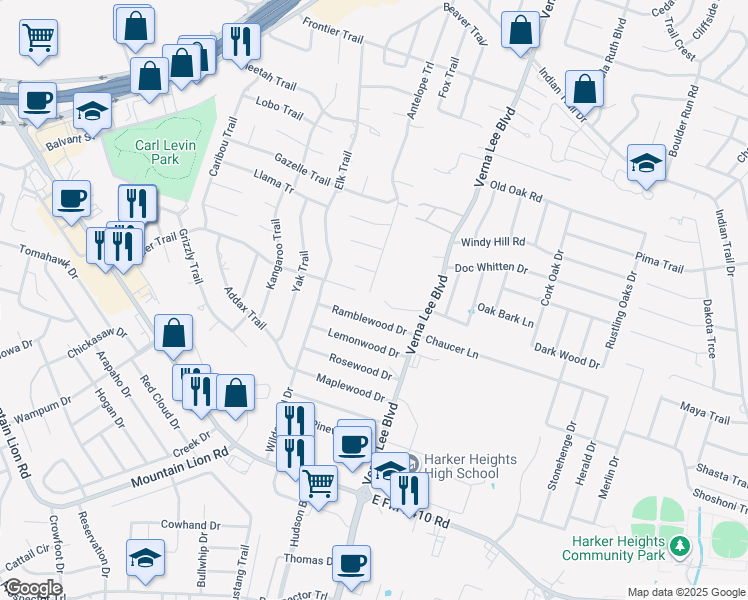 map of restaurants, bars, coffee shops, grocery stores, and more near 2407 Antelope Trail in Harker Heights