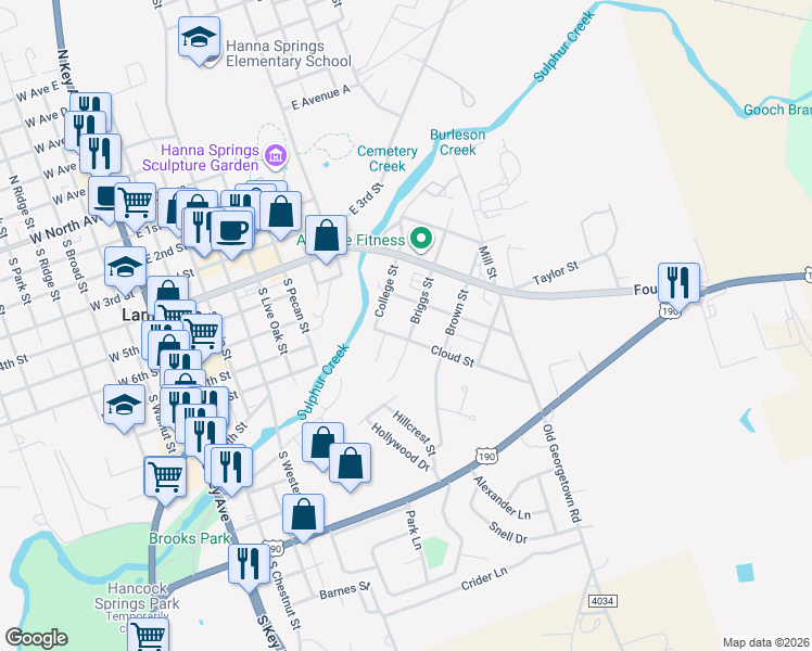 map of restaurants, bars, coffee shops, grocery stores, and more near 611 College Street in Lampasas