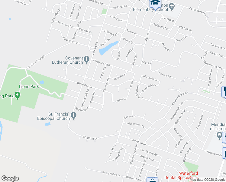 map of restaurants, bars, coffee shops, grocery stores, and more near 3114 White Oak Drive in Temple