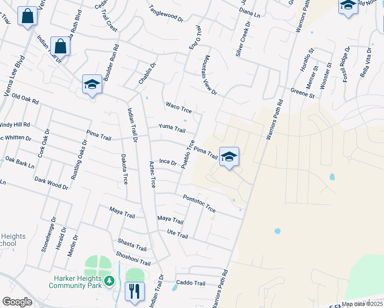 map of restaurants, bars, coffee shops, grocery stores, and more near 1709 Pueblo Trce in Harker Heights