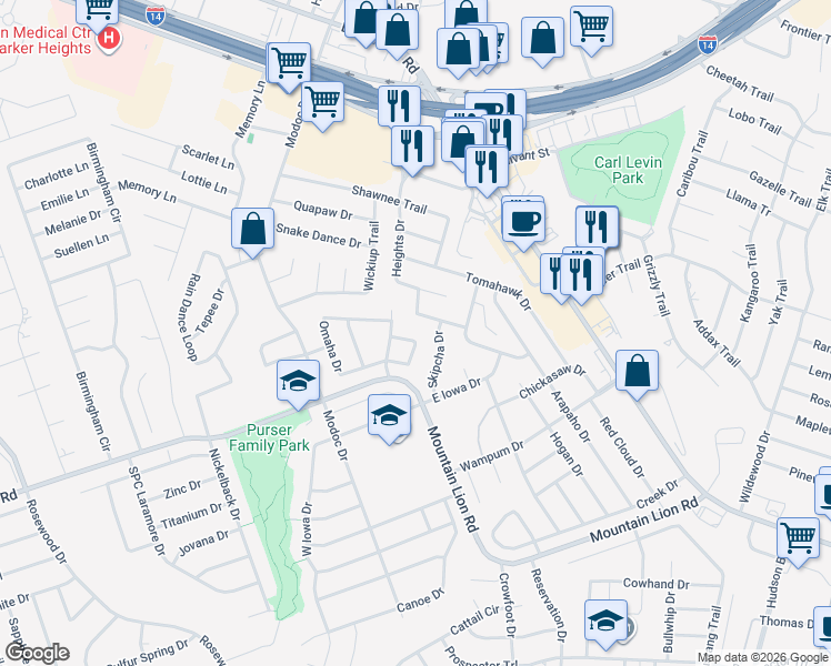 map of restaurants, bars, coffee shops, grocery stores, and more near 2420 Catawba Loop in Harker Heights