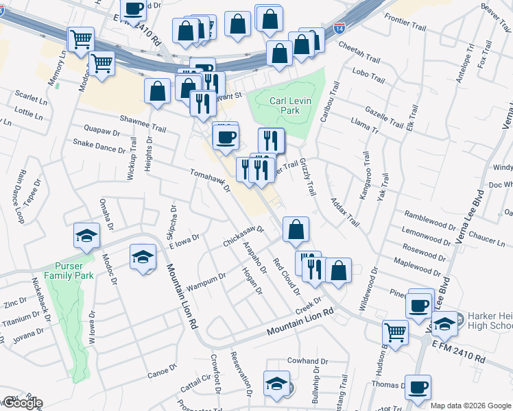 map of restaurants, bars, coffee shops, grocery stores, and more near 526 Farm to Market 2410 in Harker Heights