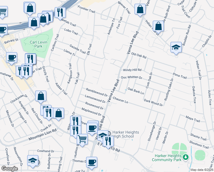 map of restaurants, bars, coffee shops, grocery stores, and more near 2407 Antelope Trail in Harker Heights