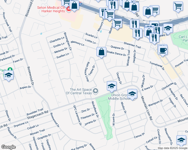 map of restaurants, bars, coffee shops, grocery stores, and more near 2014 Rain Dance Loop in Harker Heights