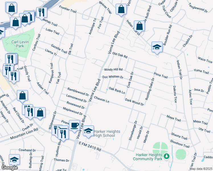 map of restaurants, bars, coffee shops, grocery stores, and more near 2031 Catkins in Harker Heights