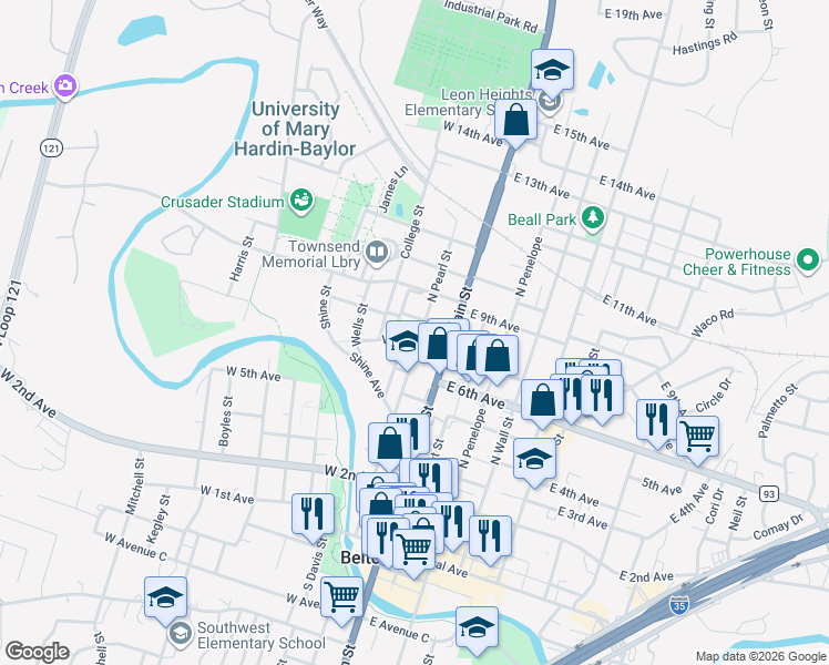 map of restaurants, bars, coffee shops, grocery stores, and more near 708 North Pearl Street in Belton