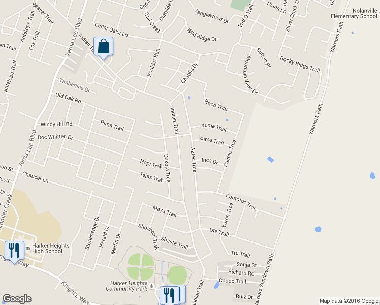 map of restaurants, bars, coffee shops, grocery stores, and more near 1613 Indian Trail in Harker Heights